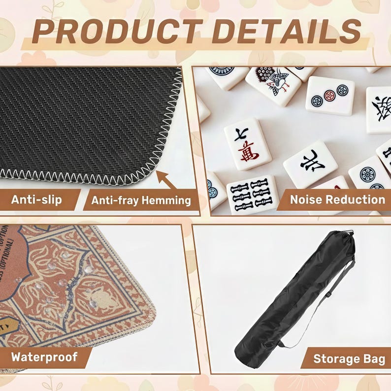 The image is a collage of four different items, including a black anti-slip mat, a set of Chinese tiles, a noise reduction bag, and a waterproof storage bag.