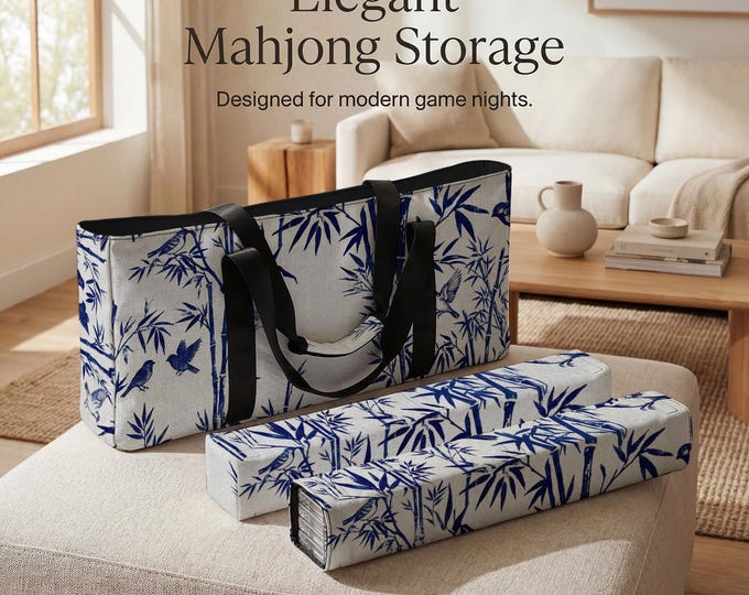 Chinoiserie Mahjong Case, Bamboo Bird Pattern (Tile & Rack Sleeves)