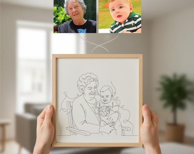 Custom One Line Portrait: Grandparent and Grandchild Minimalist Art, Done in 24 Hours