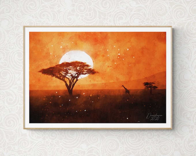 Sunset in Kenya Watercolor Print Africa Art Premium Quality Travel Poster Artful Wall Decor Unframed Wall Art