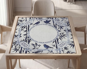 Tapete de Mahjong personalizado, bambú azul y blanco, diseño de gorrión, base impermeable, goma antideslizante.