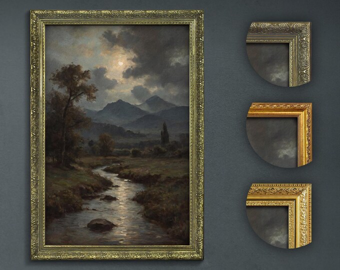 Dark Academia Landscape Print: Moody Night Creek, Framed Wall Art