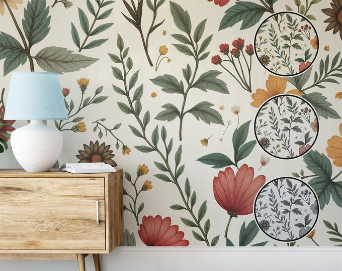 Vibrant Botanical Watercolor Wallpaper, Peel and Stick Floral Wall Decor, Autumn Flower Canvas, Warm Toned Blossoms, Nature Inspired Home