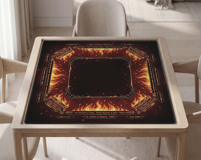 Personalized Masculine Mahjong Mat with Instructions (Rules) - Fire Design