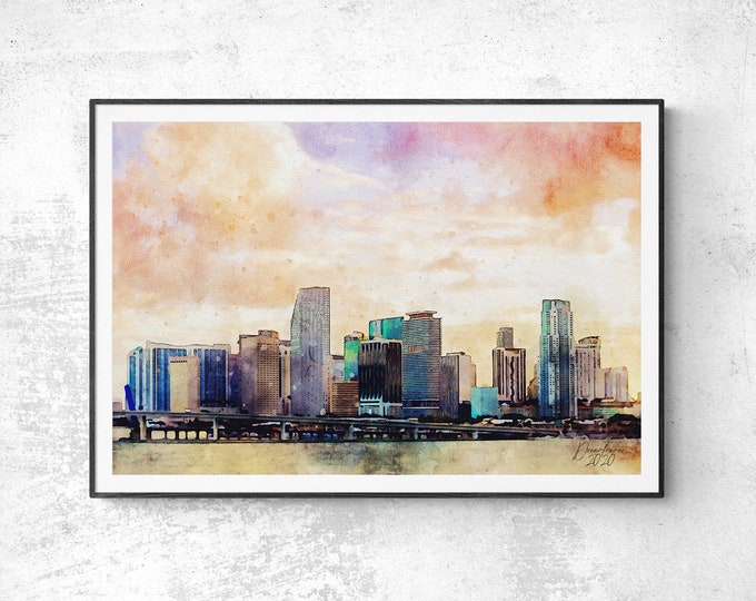 Miami Afternoon Watercolor Print Florida Art Premium Quality Travel Poster Artful Wall Decor Unframed Wall Art