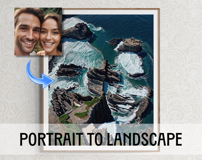 Couple Portrait, Unique Wedding Gift, Custom Coastal Landscape from Your Face, Personalized Photo, Gift for Couples, Unframed Print