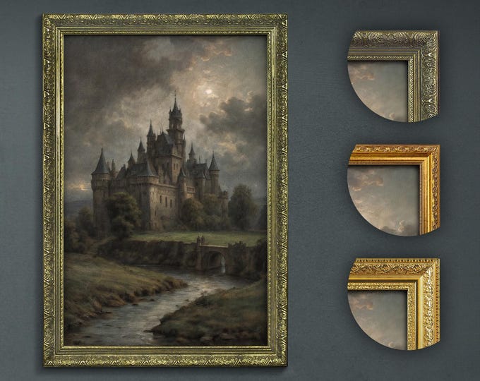 Dark Academia Castle Art Print: Moody Bronze Frame Wall Decor