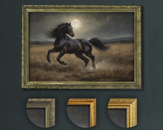 Black Horse Art Print: Moonlit Equestrian, Dark Academia Decor