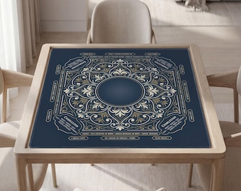 Tapete de mahjong personalizado, ornamentado, azul marino y blanco con instrucciones (reglas).