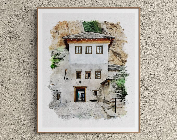 Blagaj Watercolor Print Bosnia & Herzegovina Art Premium Quality Travel Poster Artful Wall Decor Unframed Wall Art