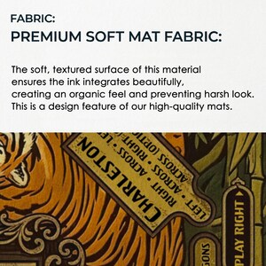 The image is a close-up of a textured fabric with a tiger pattern, featuring a design element that resembles a sign or label.