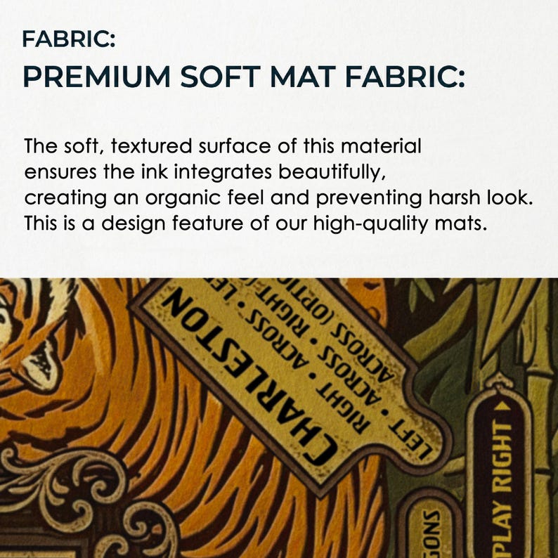The image is a close-up of a textured fabric with a tiger pattern, featuring a design element that resembles a sign or label.