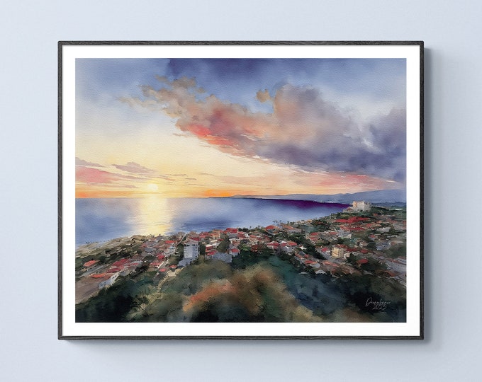 Puerto Vallarta Aerial View Watercolor Print Jalisco Mexico Art Premium Quality Travel Poster Artful Wall Decor Unframed Wall Art