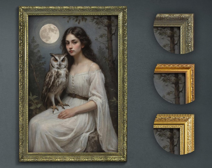 Mystical Moonlit Lady with Owl, Ethereal Forest Art Print, Dark Academia Gothic Home Decor, Enchanted Vintage Style Moon Wall Art