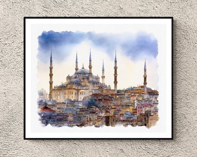 The Blue Mosque Istanbul Watercolor Print Türkiye (Turkey) Art Premium Quality Travel Poster Artful Wall Decor Unframed Wall Art