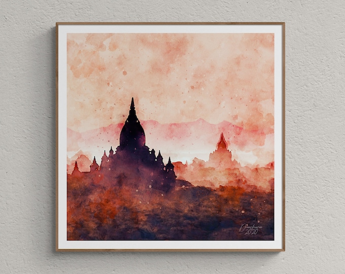 Temples in Myanmar Watercolor Print Myanmar Art Premium Quality Travel Poster Artful Wall Decor Unframed Wall Art