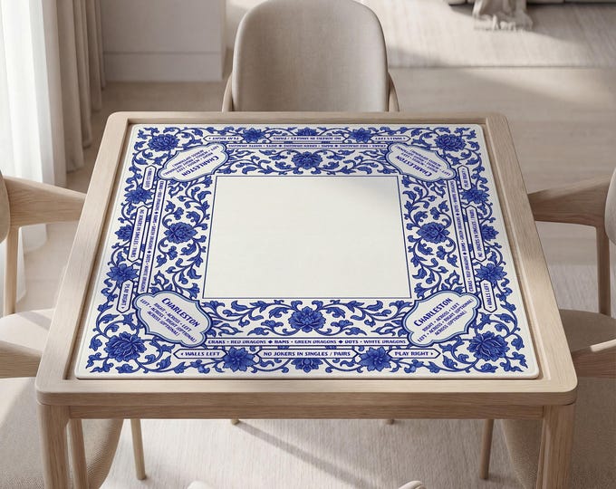 Personalized Mahjong Mat with Instructions (Rules), Blue White Porcelain Style