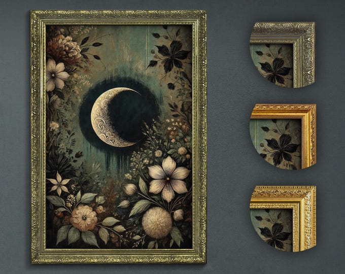 Botanical Moon Art Print, Dark Academia Floral Wall Decor, Vintage Crescent Moon Painting, Mystical Garden Night Art, Ethereal Bedroom Decor