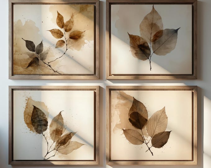 Botanical Leaf Wall Art: Wabi Sabi Style Prints (Set of 4 Digital Files)