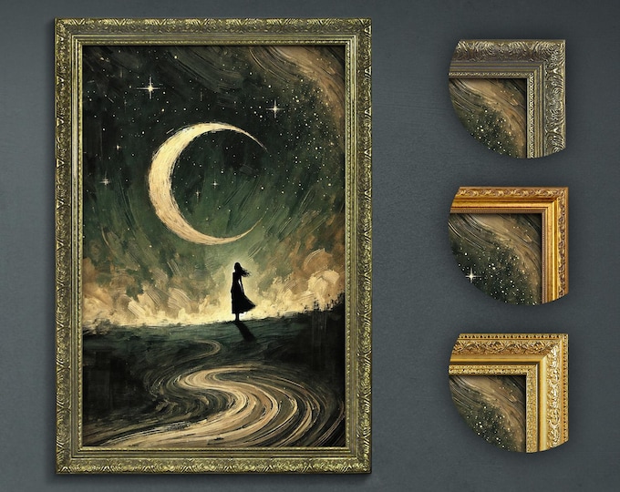Mystical Moon and Woman Art Print, Dark Academia Celestial Wall Art, Moonlit Silhouette Decor, Enigmatic Starry Night Decor, Gothic Home Art
