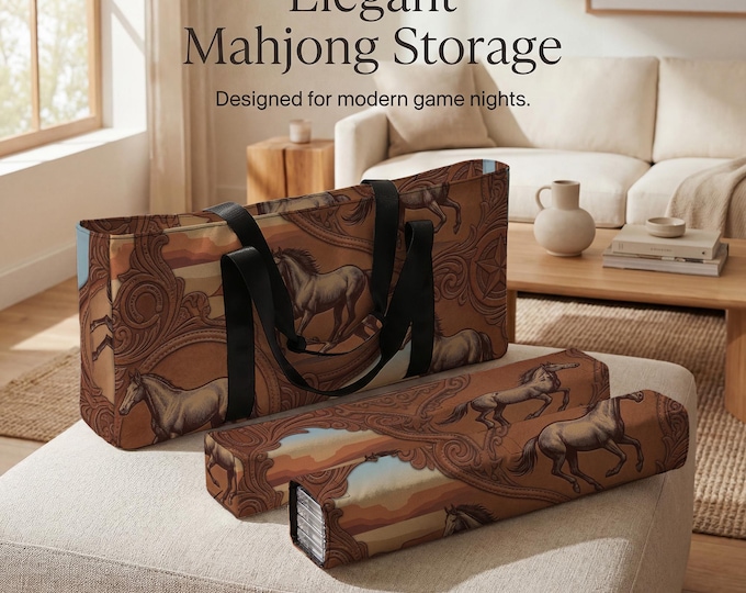 Wild West Horse Mahjong Tote Bag Set with Protective Tile and Rack Storage Sleeves