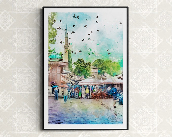 Sarajevo Bascarsija Watercolor Print Bosnia & Herzegovina Art Premium Quality Travel Poster Artful Wall Decor Unframed Wall Art