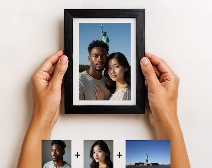 Personalized Merged Photo Print for Long Distance Couples: Travel Background, Framed 5x7