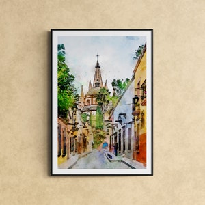 Streets of San Miguel de Allende Watercolor Print Mexico Art Premium Quality Travel Poster Artful Wall Decor Unframed Wall Art