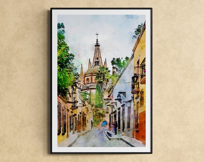 Streets of San Miguel de Allende Watercolor Print Mexico Art Premium Quality Travel Poster Artful Wall Decor Unframed Wall Art
