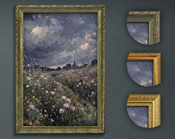 Dark Academia Art Print: Blooming Flower Field, Impasto Style