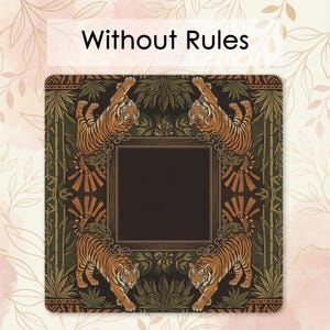 a square with a frame design, surrounded by a pattern of leaves and tiger images.
