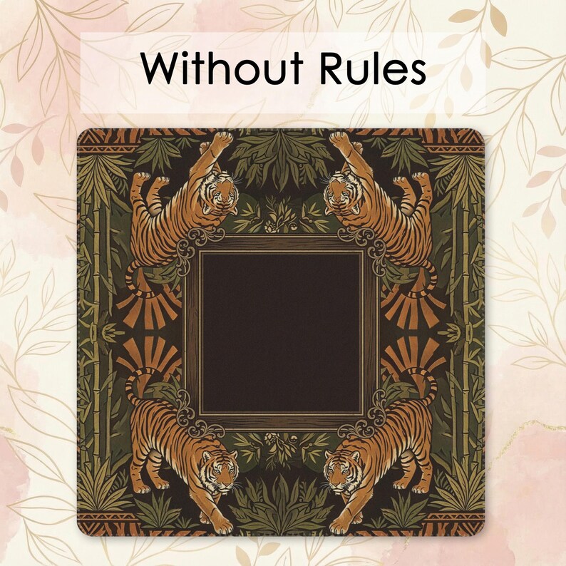 a square with a frame design, surrounded by a pattern of leaves and tiger images.