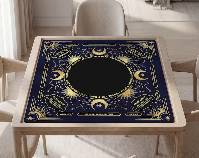 Personalized Celestial Mahjong Mat with Rules, Navy Gold, Non-Slip, Bag Included