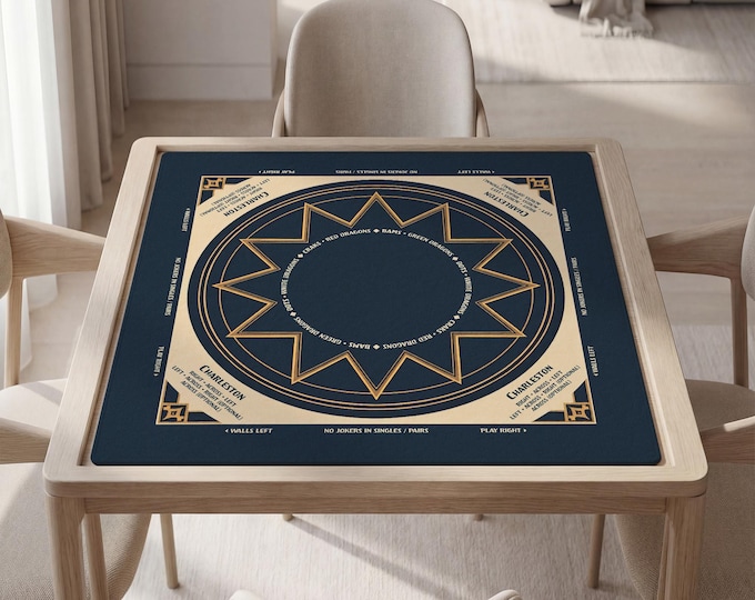 Personalized Mahjong Mat with Instructions (Rules), Art Deco Design Navy Gold
