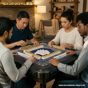 A group of four people are playing a game on a blue and gold game board, which appears to be a Chinese game called mahjong.