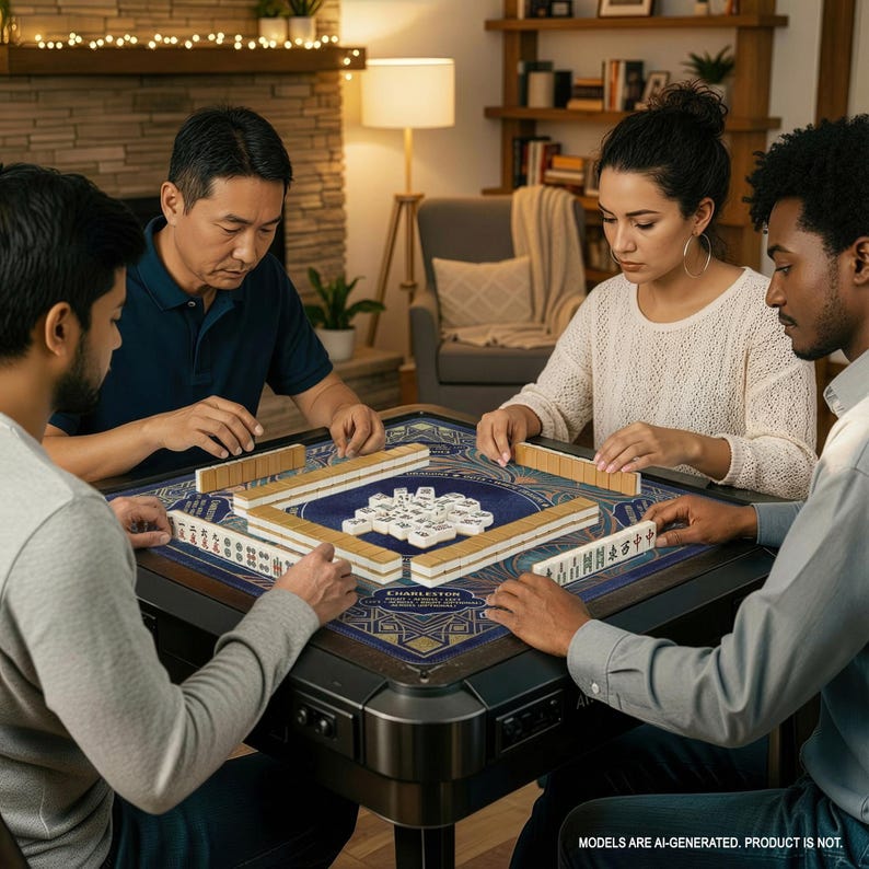 A group of four people are playing a game on a blue and gold game board, which appears to be a Chinese game called mahjong.