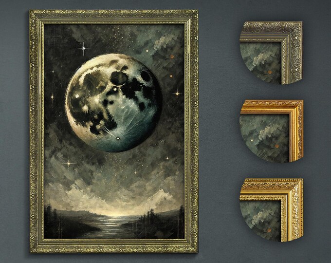 Giant Moon Art Print, Dark Academia Celestial Decor, Vintage Full Moon Wall Art, Starry Night Sky Painting, Mystical Moonlight Home Decor