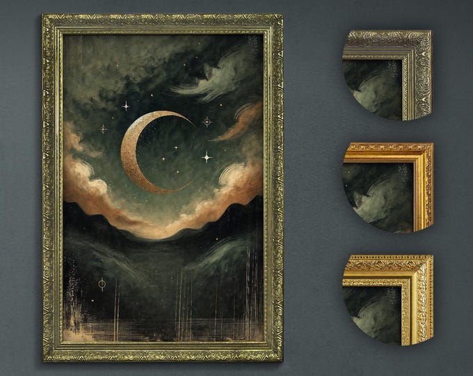 Celestial Moon Art Print, Dark Academia Starry Sky Decor, Vintage Style Crescent Moon, Ethereal Night Sky Wall Art, Mystical Home Decor