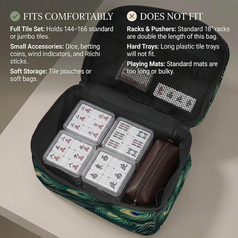 a set of mahjong tiles and accessories, including a full tile set, jumbo tiles, small accessories, and a hard tray. The text indicates that the bag is designed to hold these items comfortably and does not fit double the length of the bag.