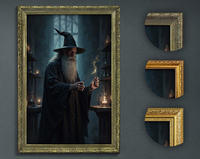Enigmatic Wizard Conjuring Magic, Elderly Mage with Wand, Dark Academia Gothic Decor, Mystical Alchemy Art, Atmospheric Sorcerer Portrait