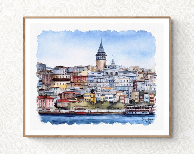 Galata Tower Istanbul Watercolor Print Türkiye (Turkey) Art Premium Quality Travel Poster Artful Wall Decor Unframed Wall Art