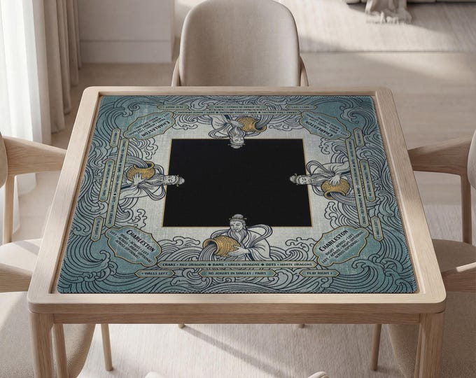 Personalized Aquarius Mahjong Mat with Instructions (Rules), Zodiac Design, Teal Gold