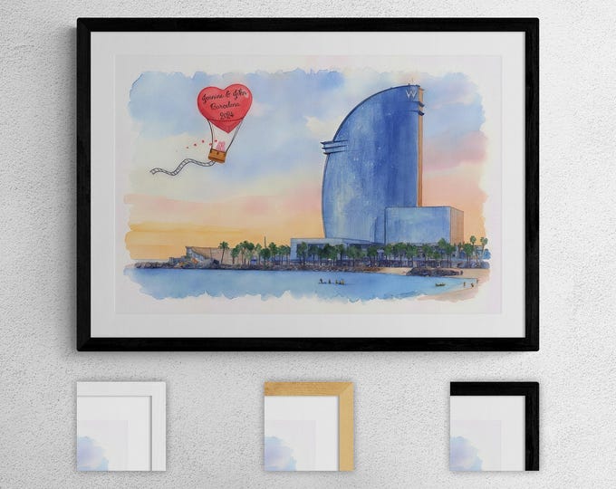Personalized Barcelona City Print, Spain Skyline Art, Custom City Artwork, Watercolor Travel Poster, Framed Romantic Decor, Anniversary Gift