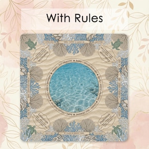 a board game with a beach theme, surrounded by a decorative border with illustrations of sea creatures and plants.