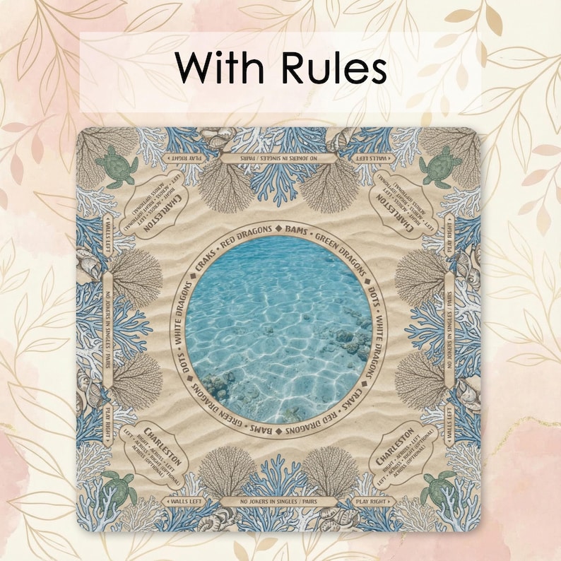 a board game with a beach theme, surrounded by a decorative border with illustrations of sea creatures and plants.