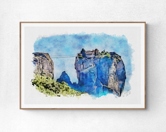 Meteora Watercolor Print Greece Art Premium Quality Travel Poster Artful Wall Decor Unframed Wall Art