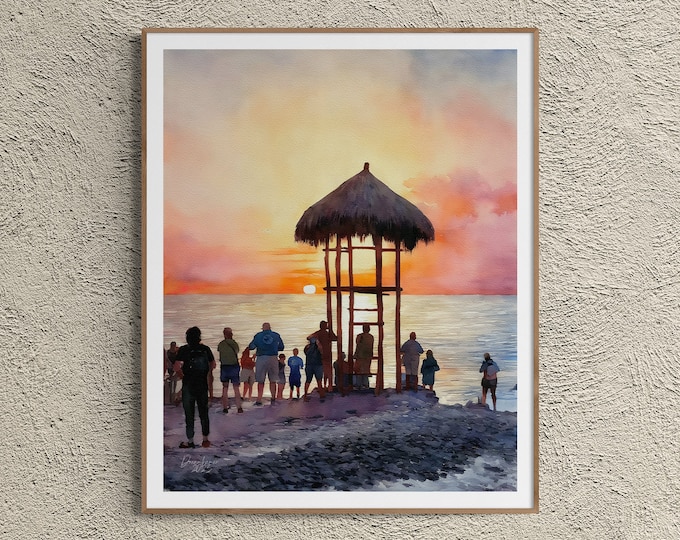 Puerto Vallarta Sunset Watercolor Print Mexico Art Premium Quality Travel Poster Artful Wall Decor Unframed Wall Art