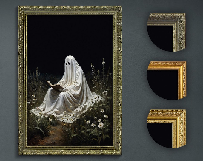 Eerie Ghost Reading in Meadow Art Print, Dark Academia Wall Decor, Gothic Fantasy Painting, Spooky Literary Artwork, Mystical Night Scene