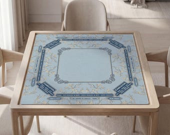Personalized Mahjong Table Mat with Instructions (Rules): Light Blue Floral Pattern