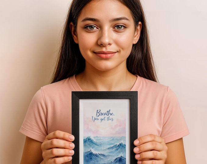 Ocean Waves Watercolor Print, Affirmation Quote, 5x7 In (13x18 cm)